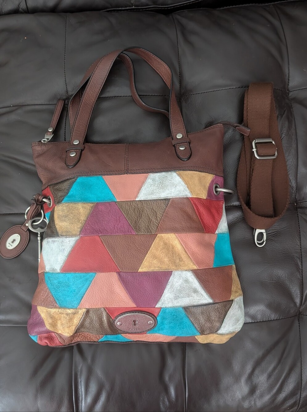 Fossil Maddox Patchwork Leather Convertible Foldover Tote Crossbody Bag